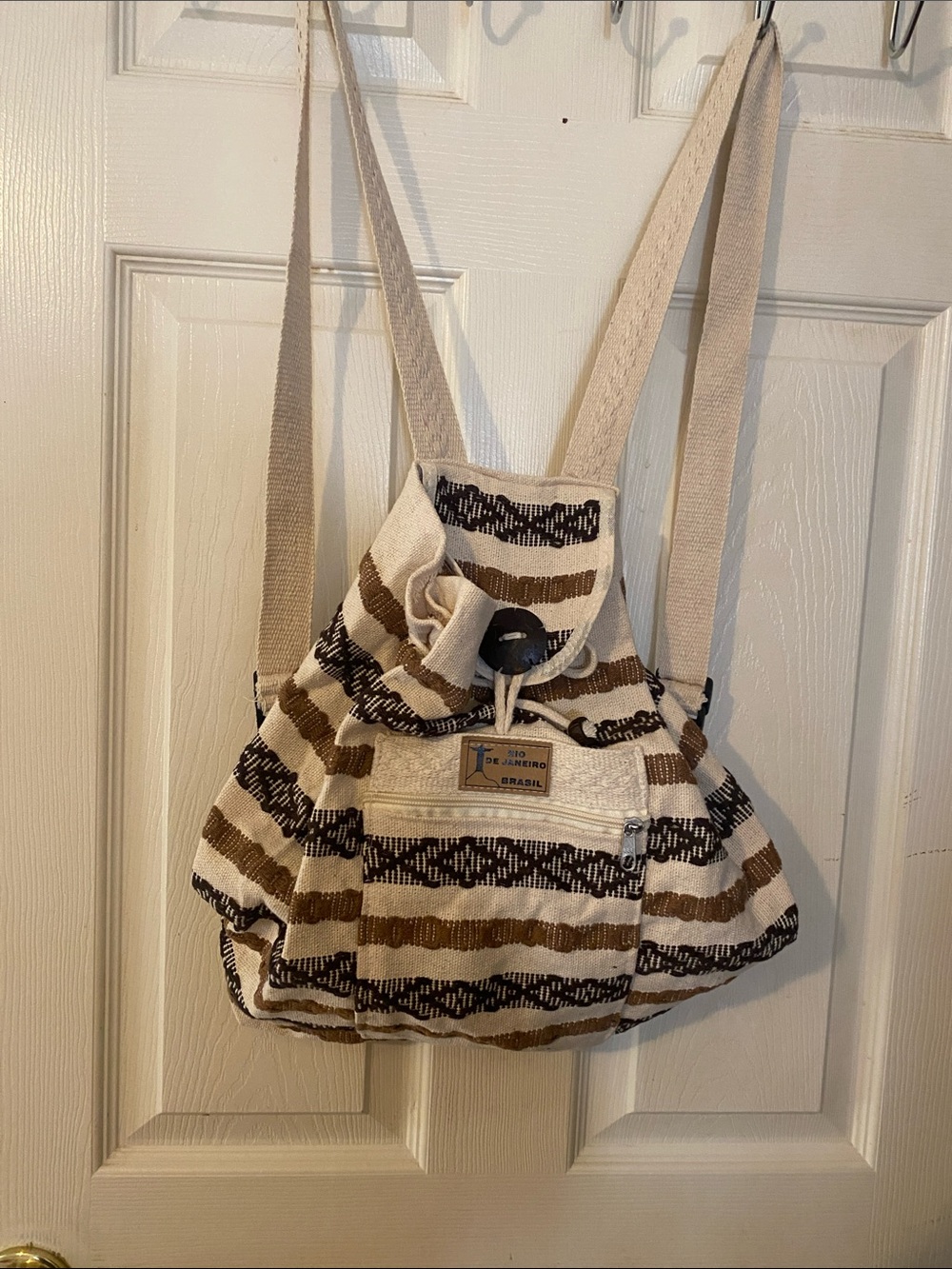 World Market Striped Canvas Drawstring Backpack — Cream and Brown